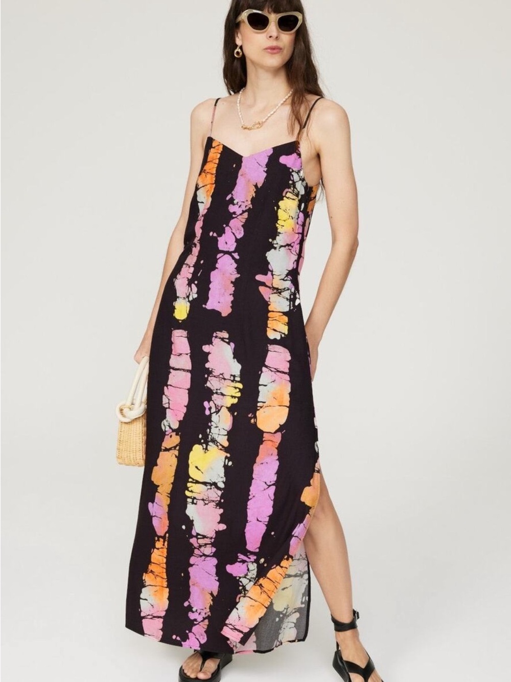 Busayo collective Black Tie-Dye Maxi Slip Dress with Pink Orange Accents Small